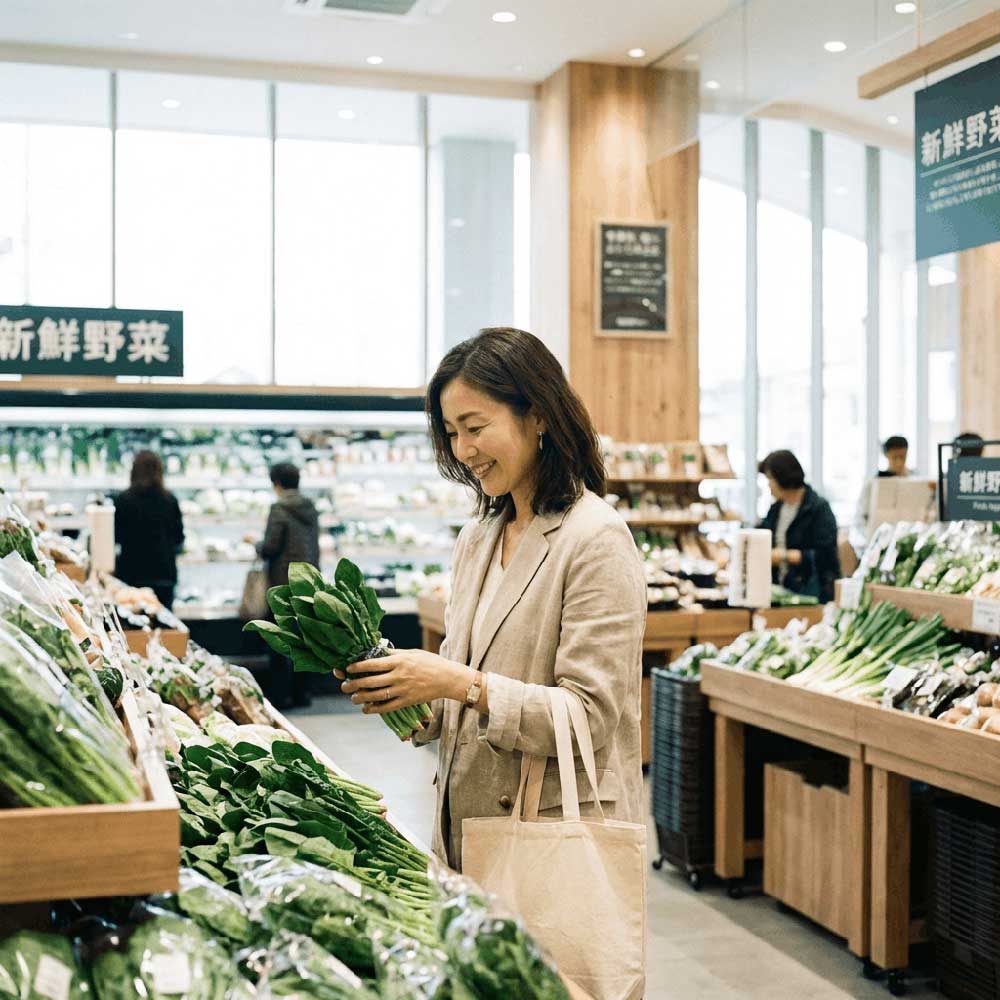スーパーで野菜を選ぶ買い物風景
