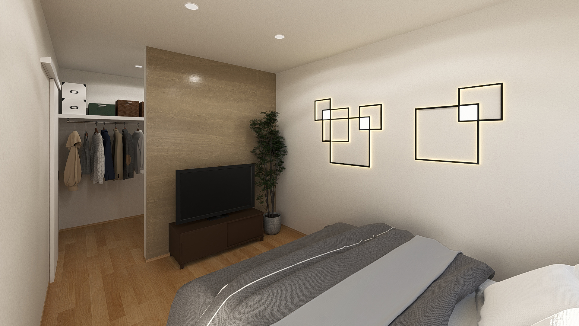 モノトーンで設えた寝室